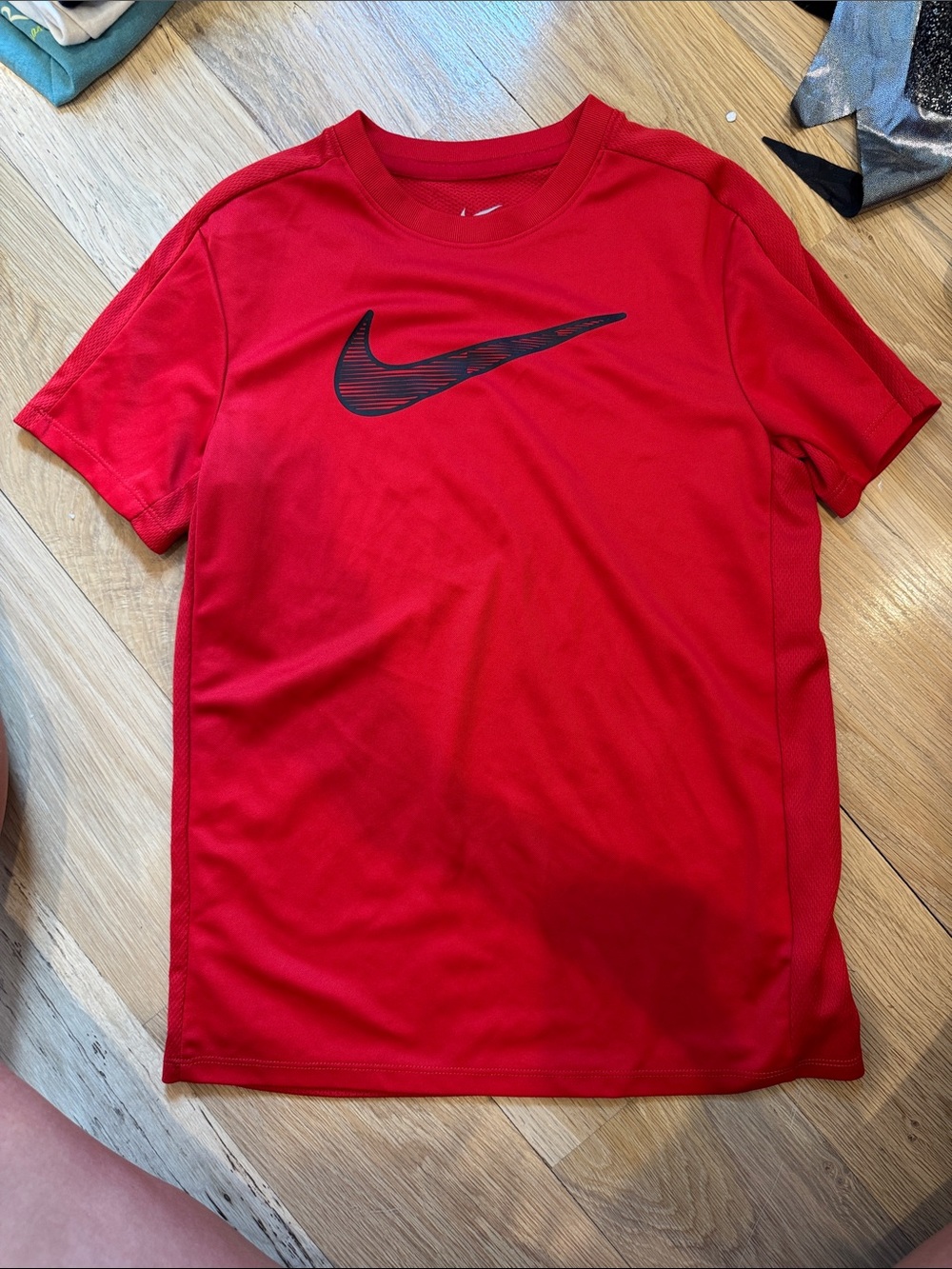 Kids Nike Red Short-Sleeve Performance Tee with Black Swoosh